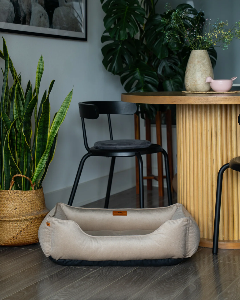 Chester and Lee classic velvet sleeper dog bed in warm beige