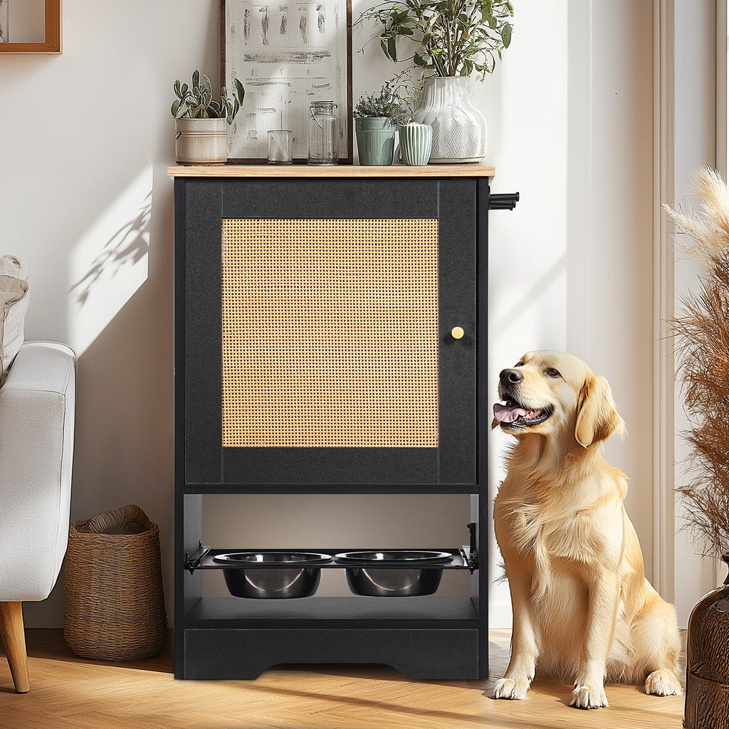 Pet Feeding Station with Storage Cabinet, 2 Elevated Bowls & Side Hooks – Black – front view