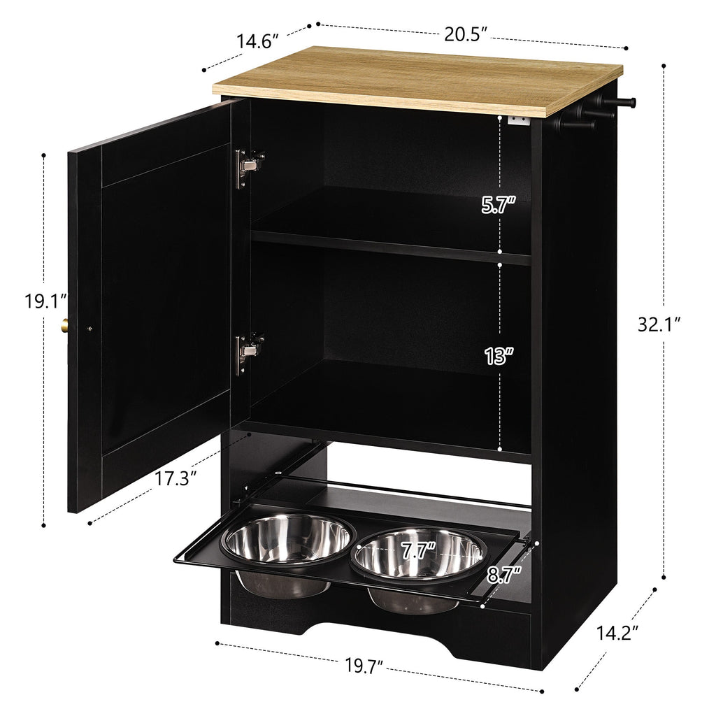 Pet Feeding Station with Storage Cabinet, 2 Elevated Bowls & Side Hooks – Black – alternate view 10