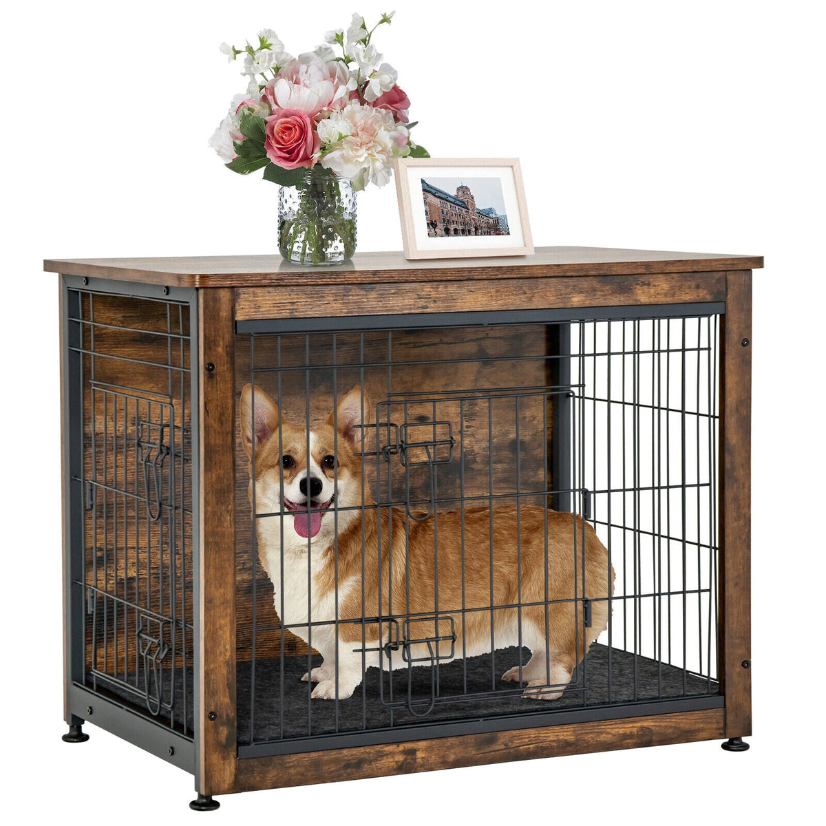 Wooden Dog Crate Furniture with Double Door and Tray Brown – photo 8 of 8