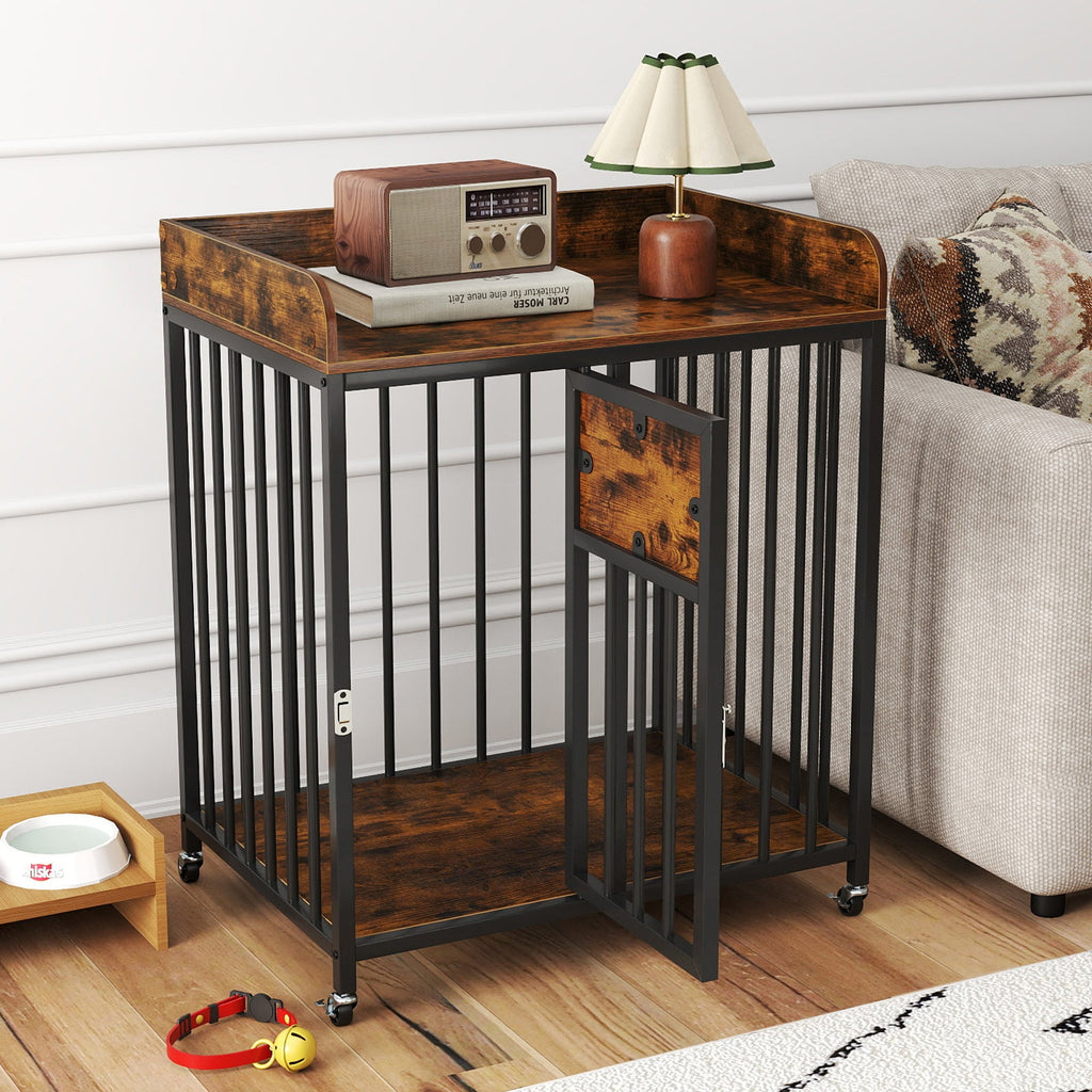 27.5 Inch Dog Crate Furniture with Wheels Rustic Brown – photo 1 of 8
