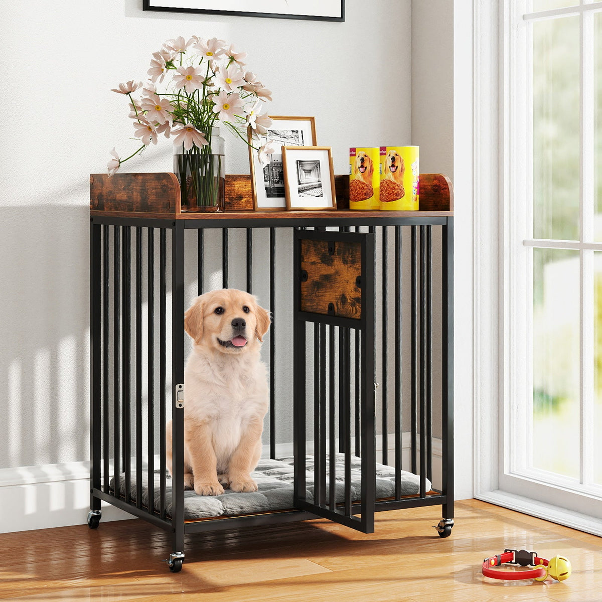 27.5 Inch Dog Crate Furniture with Wheels Rustic Brown – photo 2 of 8