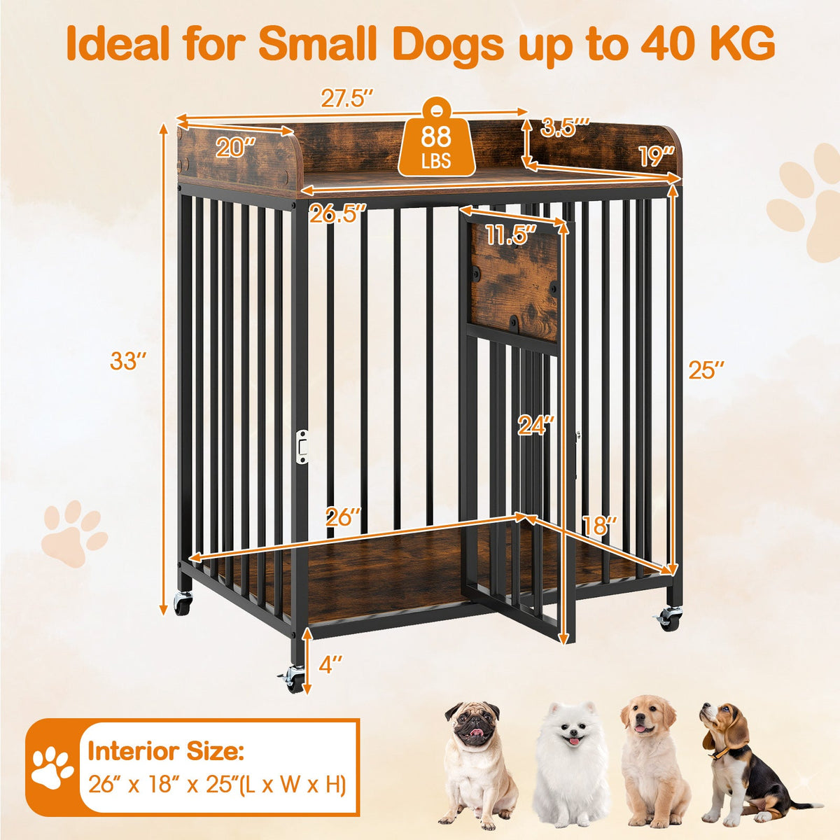27.5 Inch Dog Crate Furniture with Wheels Rustic Brown – photo 5 of 8