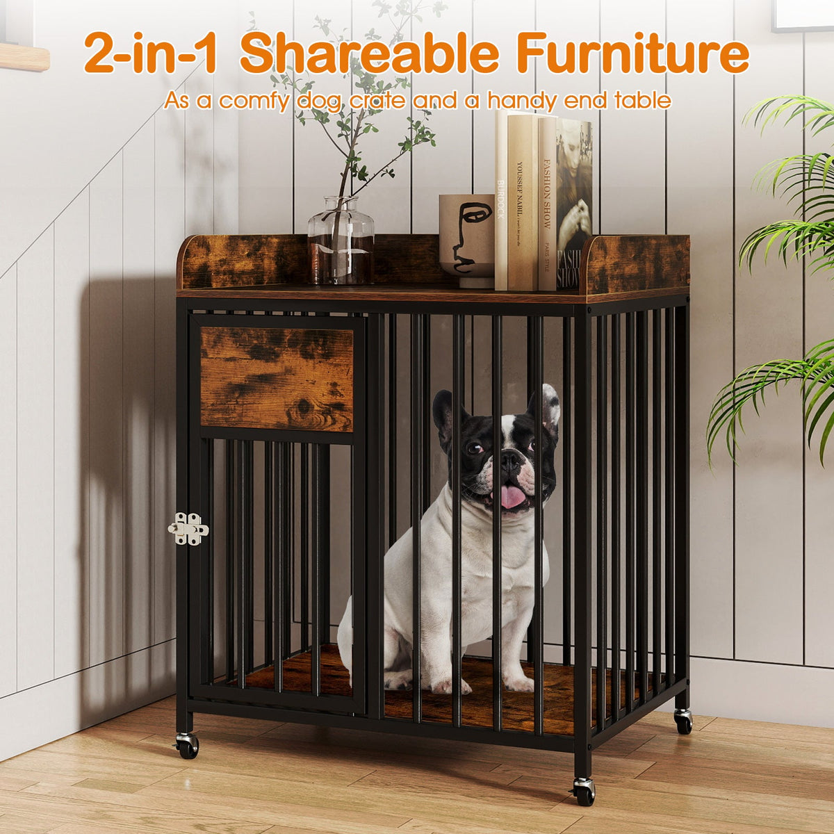 27.5 Inch Dog Crate Furniture with Wheels Rustic Brown – photo 8 of 8