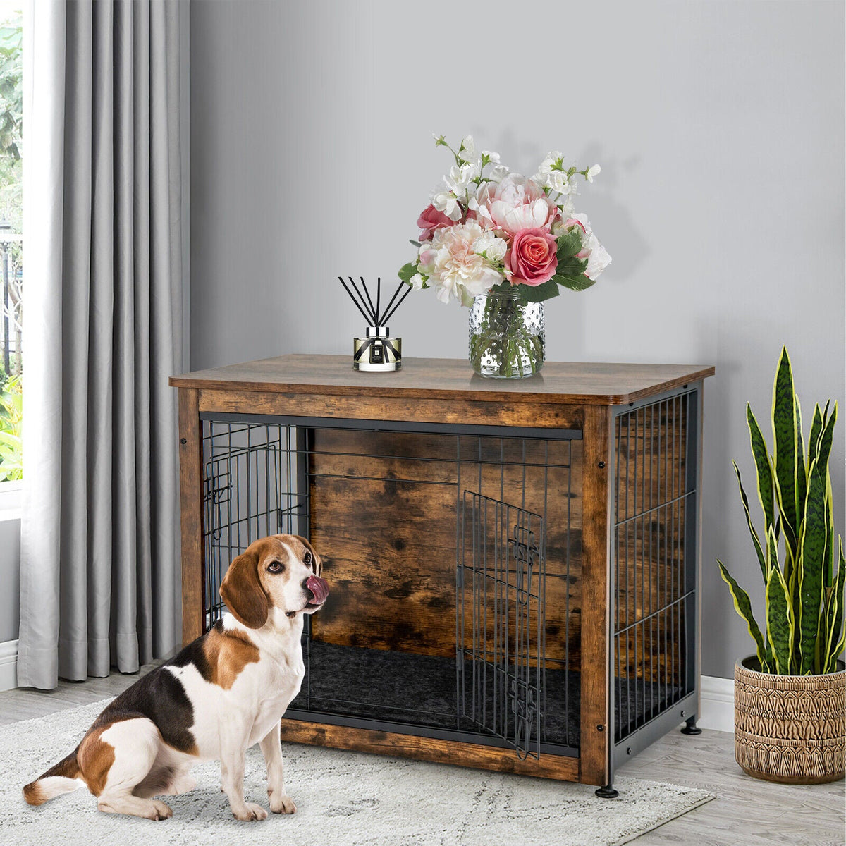 Wooden Dog Crate Furniture with Double Door and Tray Brown – photo 1 of 8
