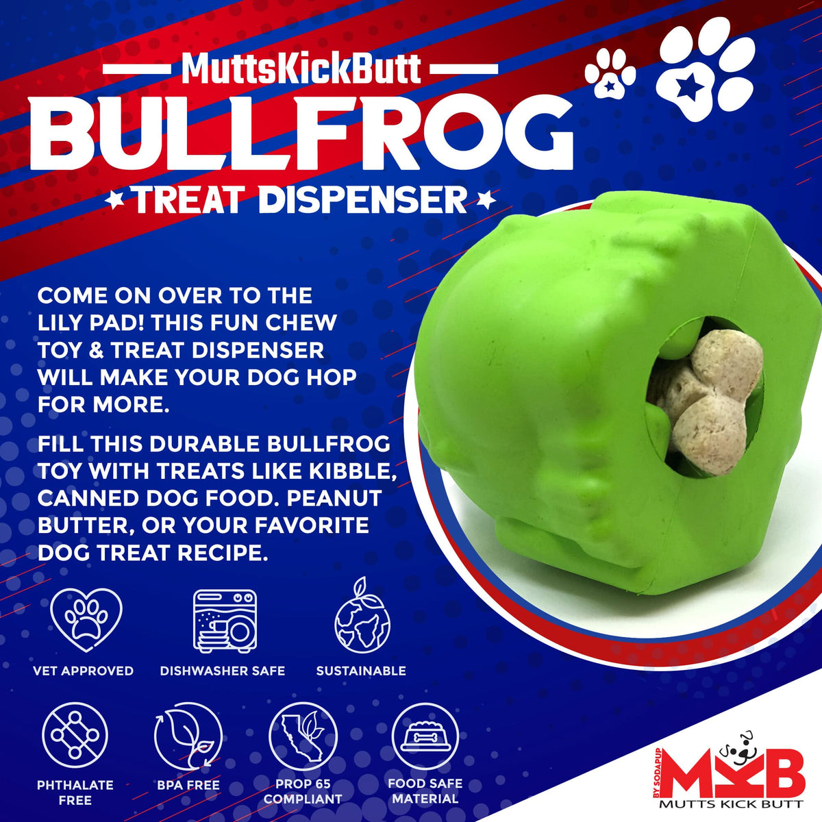 Bull Frog Dog Chew Toy & Treat Dispenser – USA Made – alternate view 2