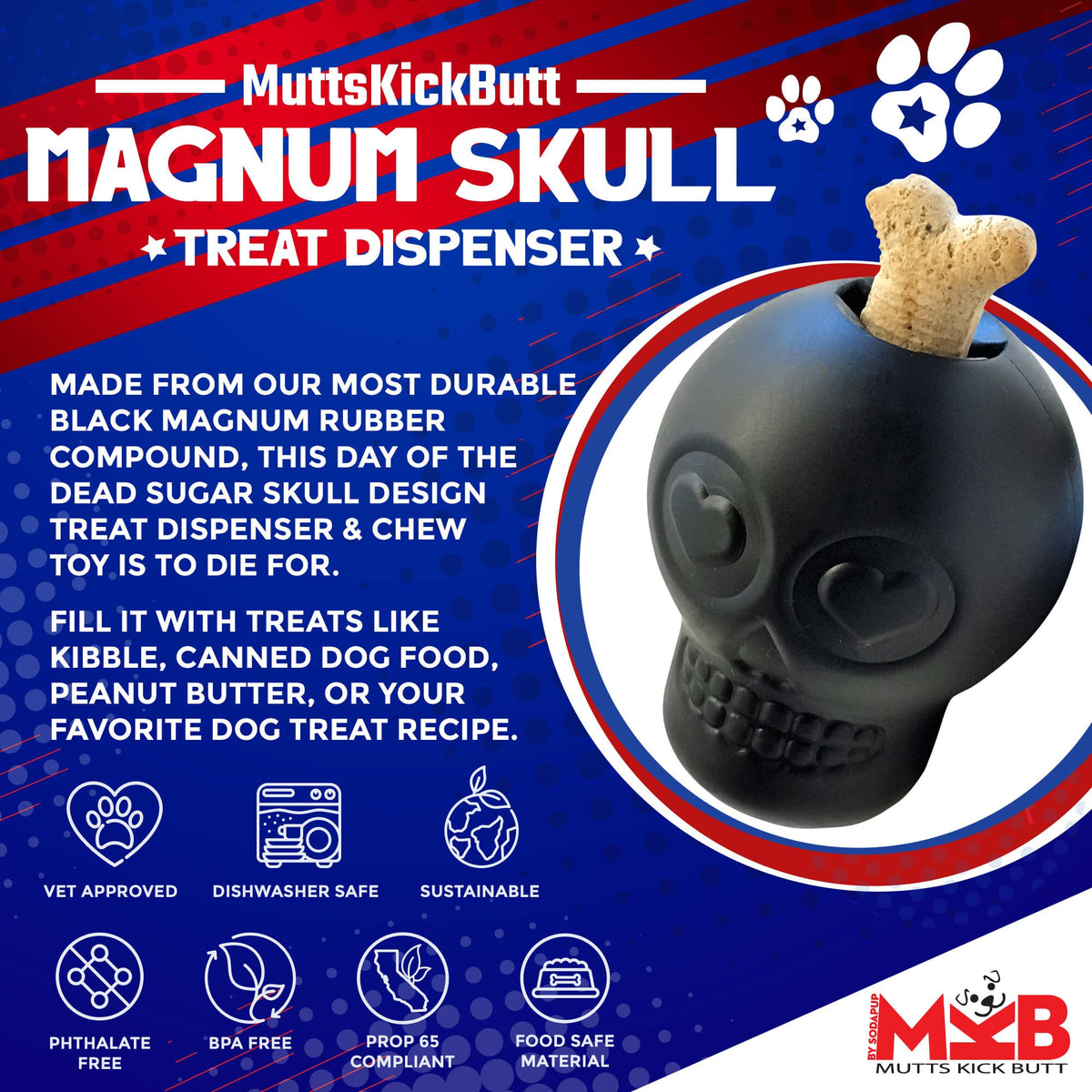 Magnum Sugar Skull Dog Chew Toy & Treat Dispenser – USA Made – alternate view 2