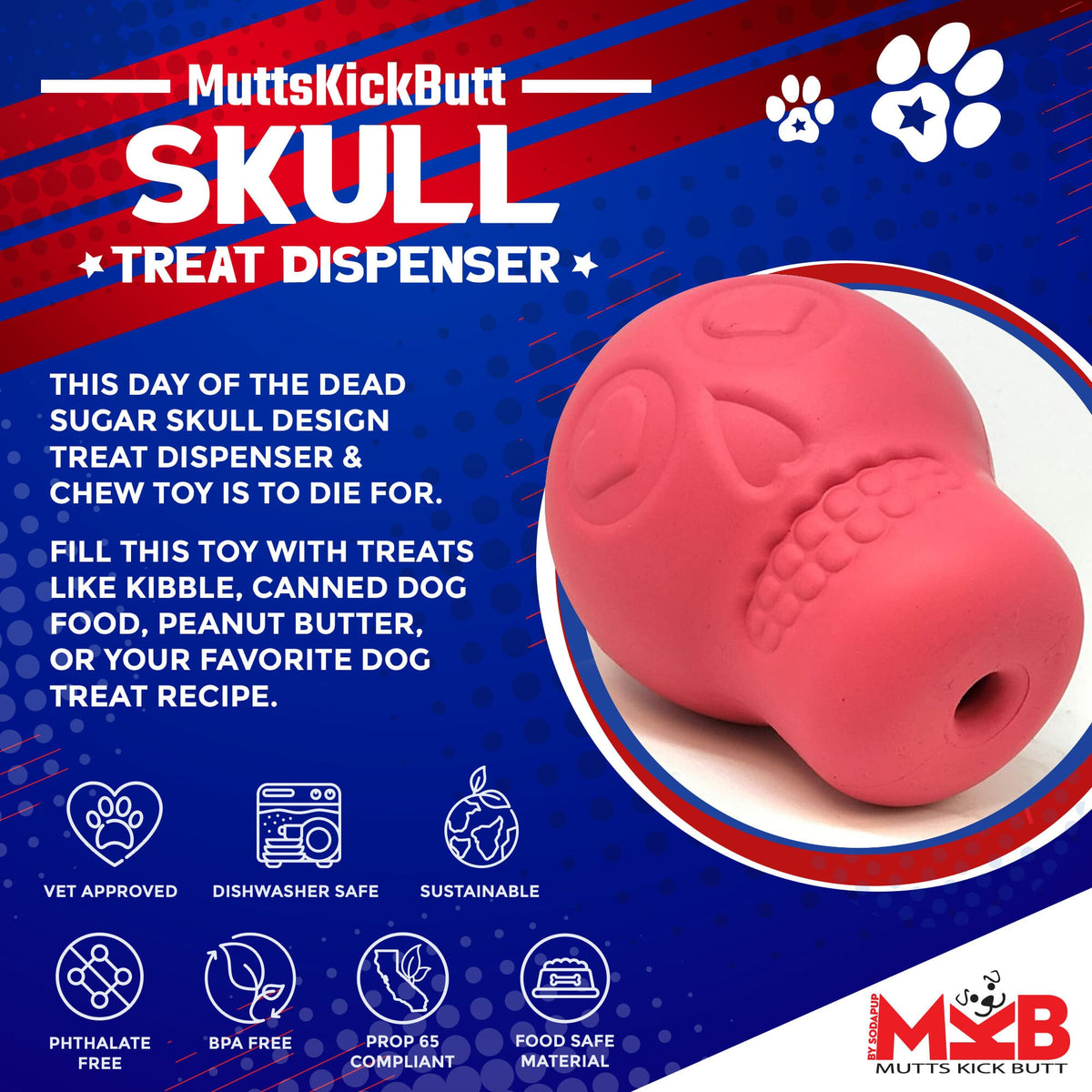 Sugar Skull Dog Chew Toy & Treat Dispenser – USA Made – alternate view 2