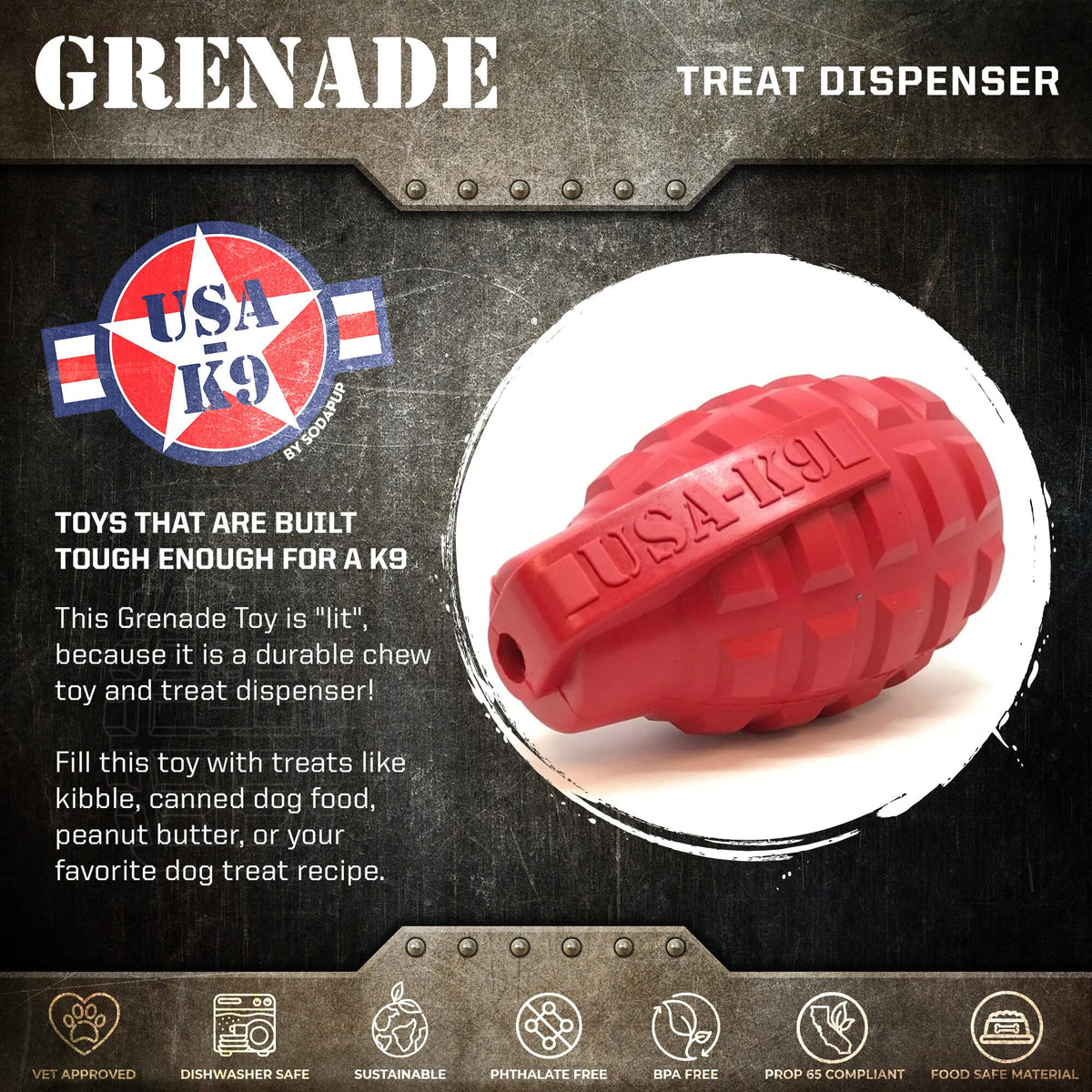 USA-K9 Grenade eDispenser army green rubber chew toy – photo 3 of 10