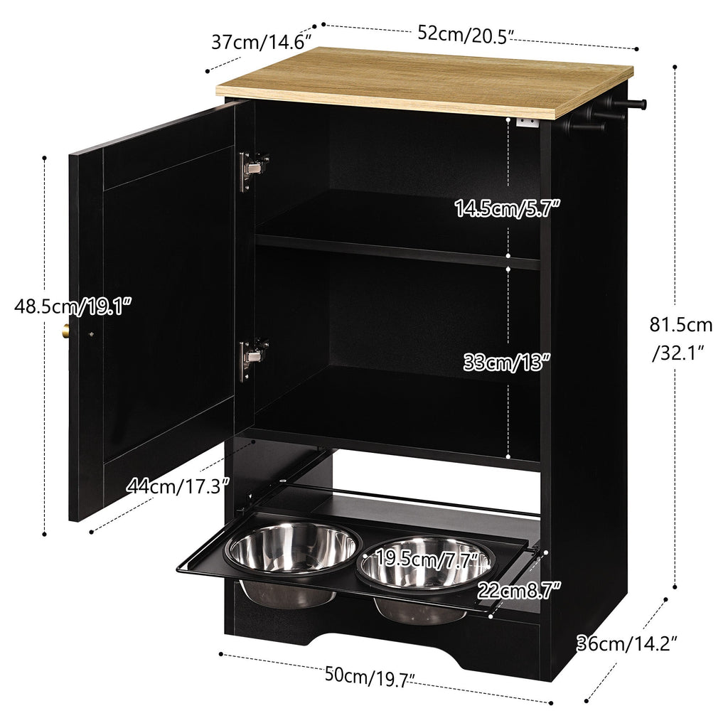 Pet Feeding Station with Storage Cabinet, 2 Elevated Bowls & Side Hooks – Black – alternate view 11