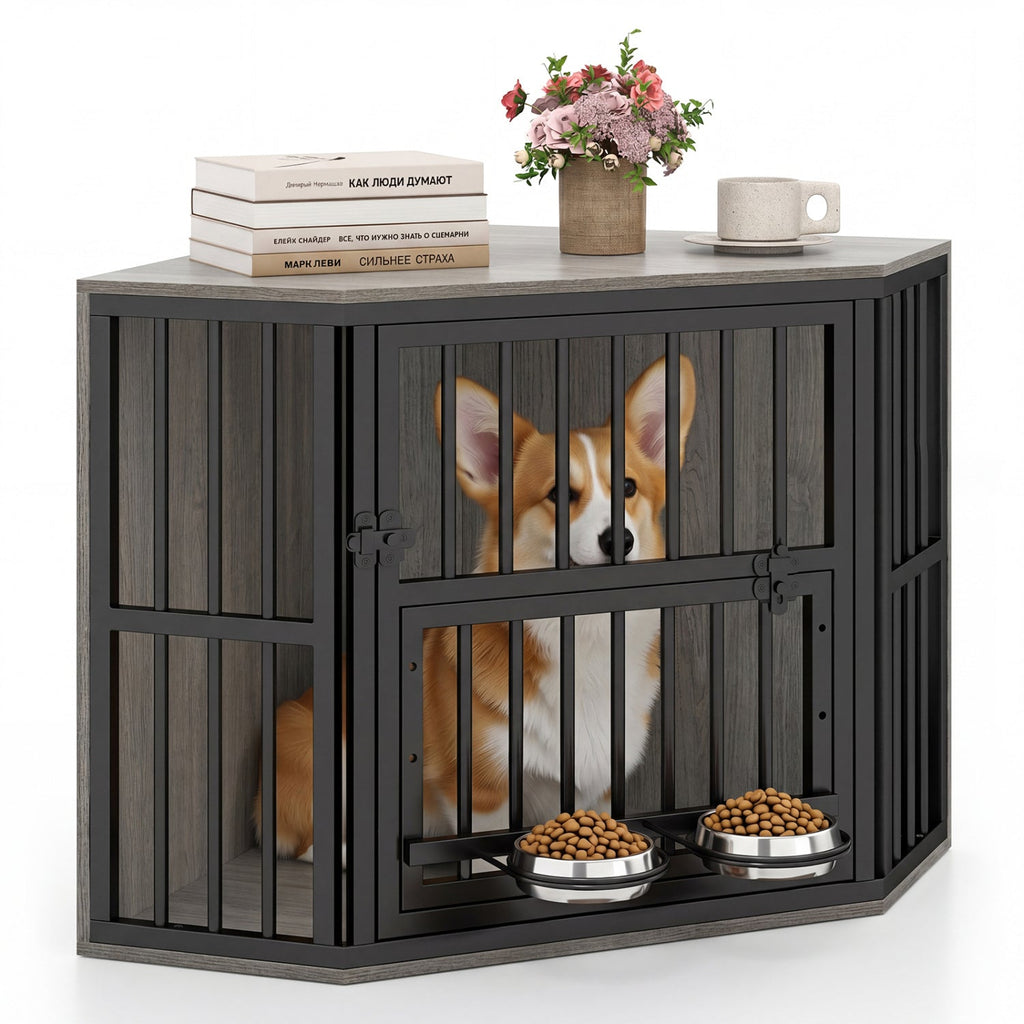 Wooden Dog Crate End Table with Adjustable Bowl Rack – photo 4 of 16