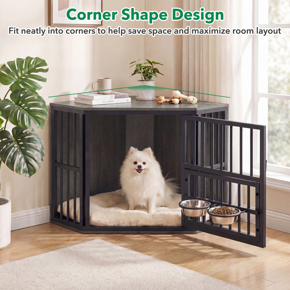 Wooden Dog Crate End Table with Adjustable Bowl Rack – photo 7 of 16