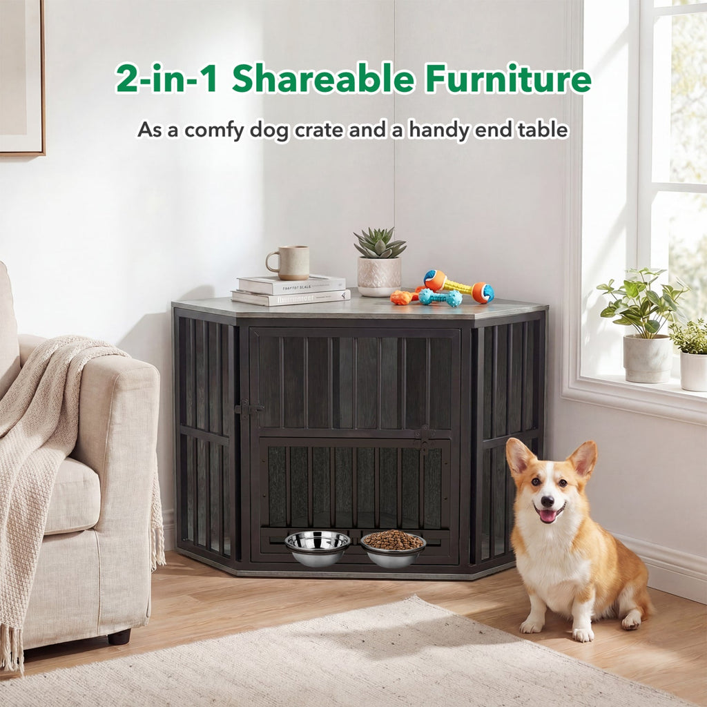 Wooden Dog Crate End Table with Adjustable Bowl Rack – photo 2 of 16