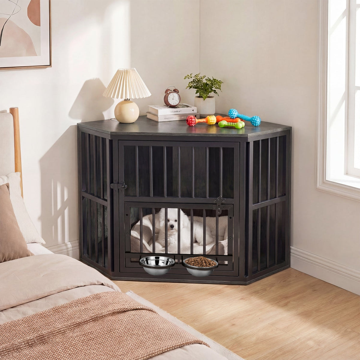 Wooden Dog Crate End Table with Adjustable Bowl Rack – photo 1 of 16