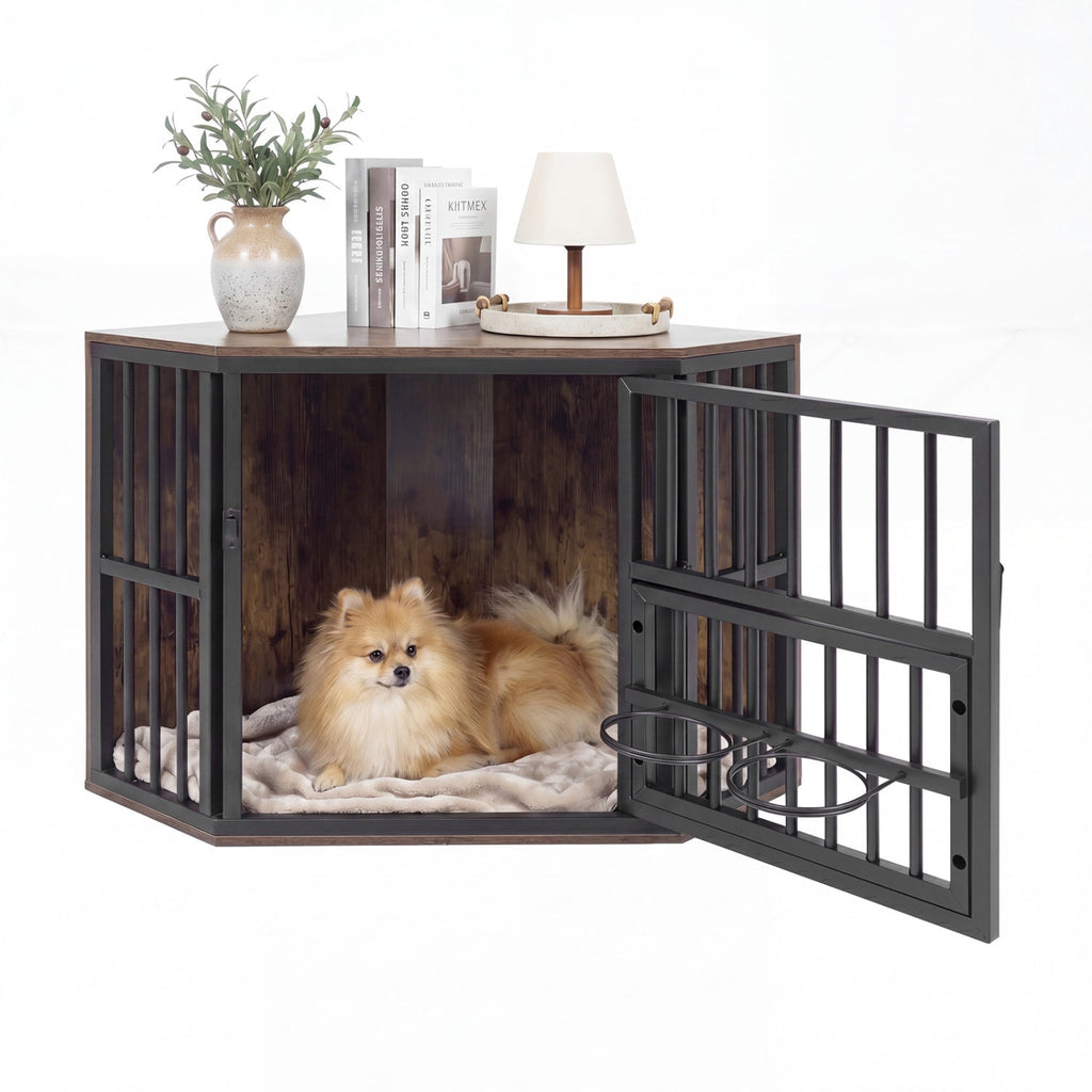 Wooden Dog Crate End Table with Adjustable Bowl Rack – photo 11 of 16