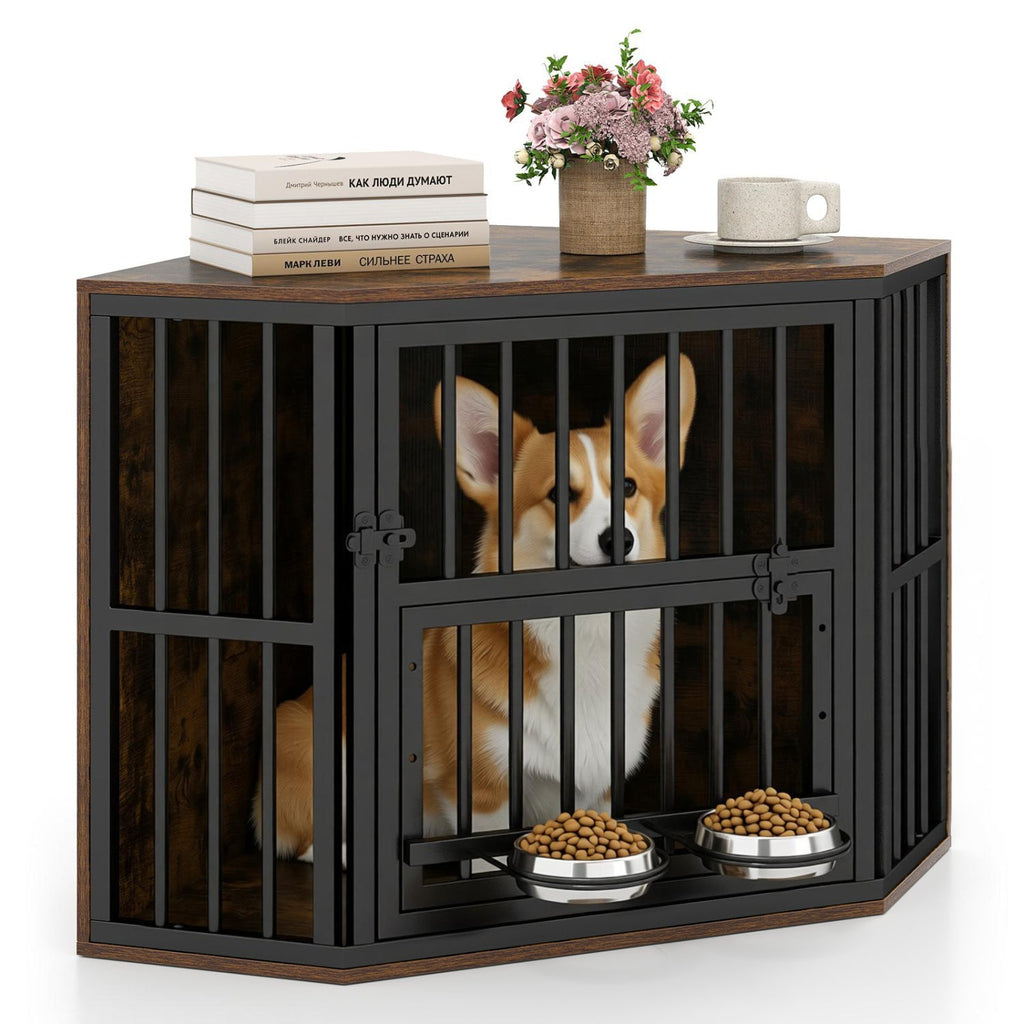 Wooden Dog Crate End Table with Adjustable Bowl Rack – photo 12 of 16