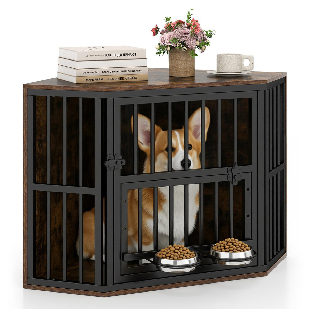 Wooden Dog Crate End Table with Adjustable Bowl Rack – photo 12 of 16