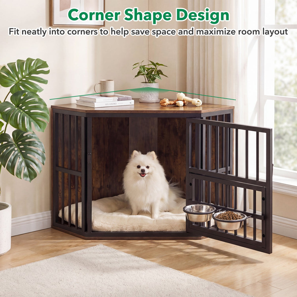 Wooden Dog Crate End Table with Adjustable Bowl Rack – photo 14 of 16