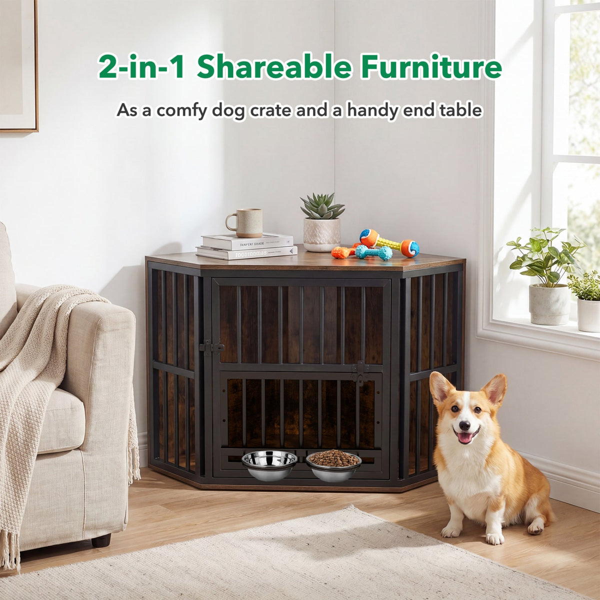 Wooden Dog Crate End Table with Adjustable Bowl Rack – photo 10 of 16