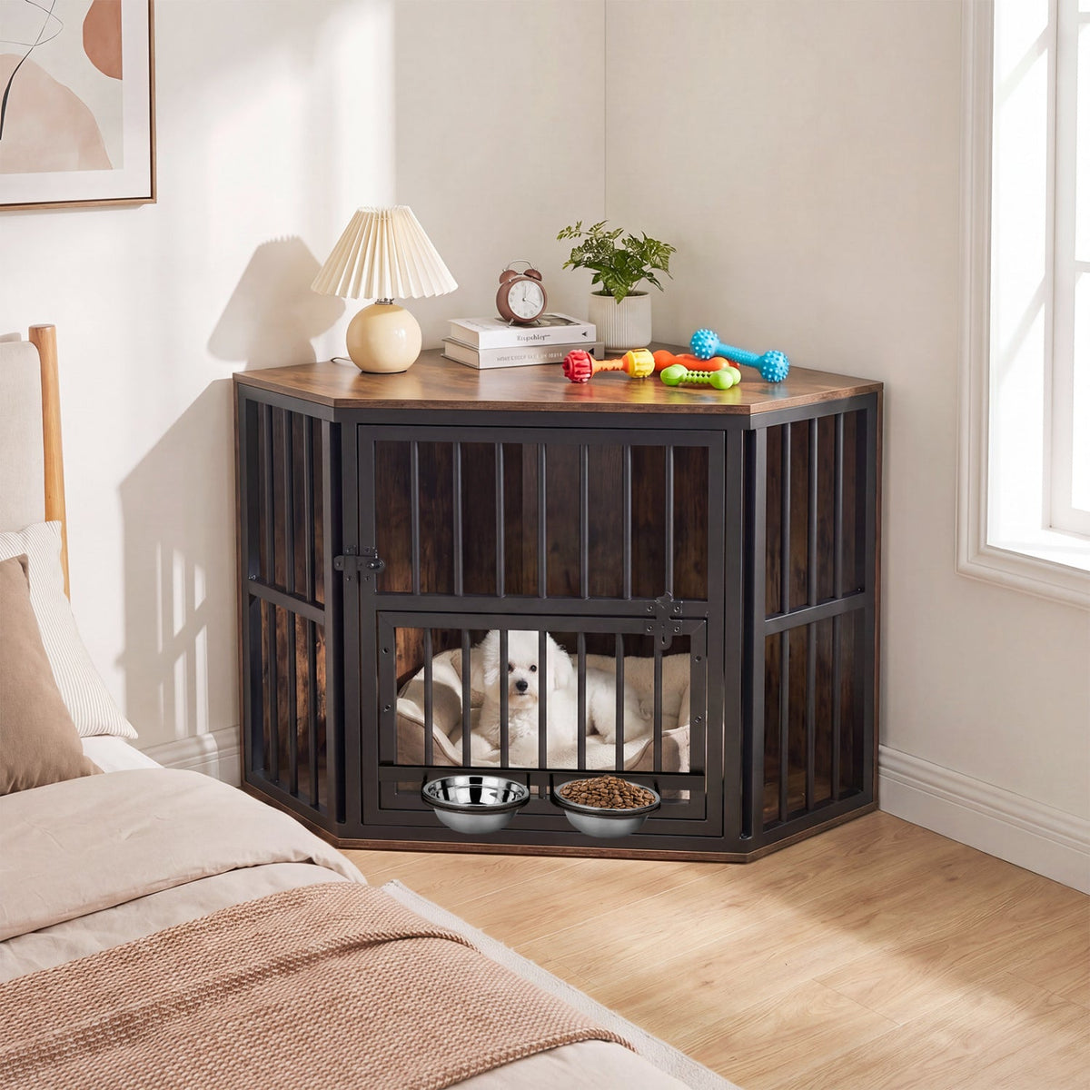 Wooden Dog Crate End Table with Adjustable Bowl Rack – photo 9 of 16