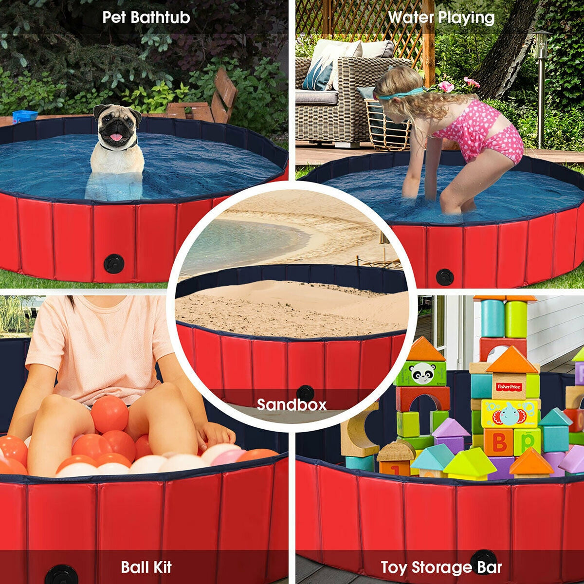 63 Inch Foldable Leakproof Dog Pool – Pet Bathing Tub, Red – alternate view 6