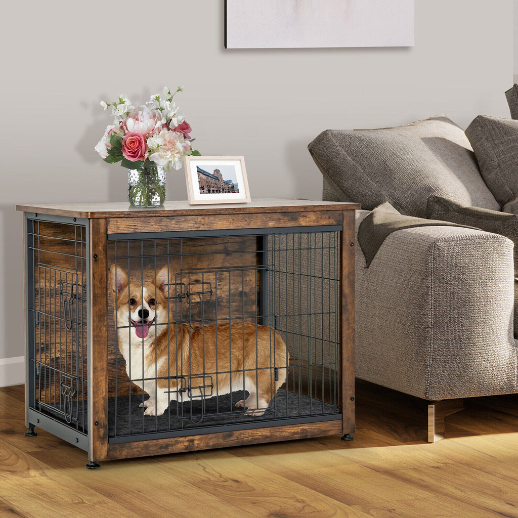 Wooden Dog Crate Furniture with Double Door and Tray Brown – photo 6 of 8