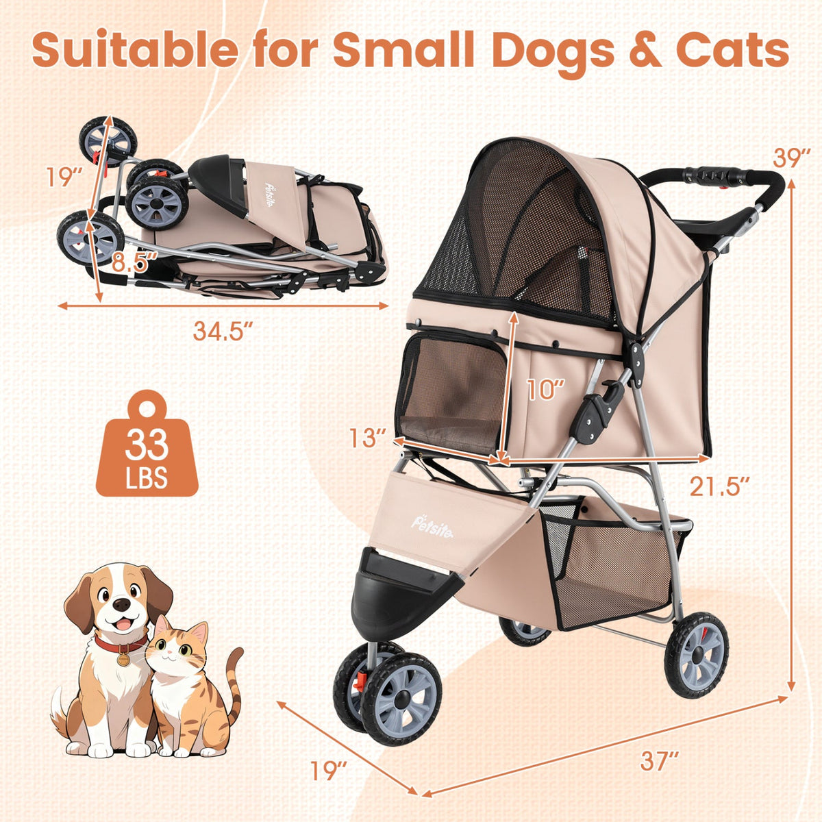3-Wheel Pet Stroller for Small Dogs up to 33 lbs – photo 10 of 16