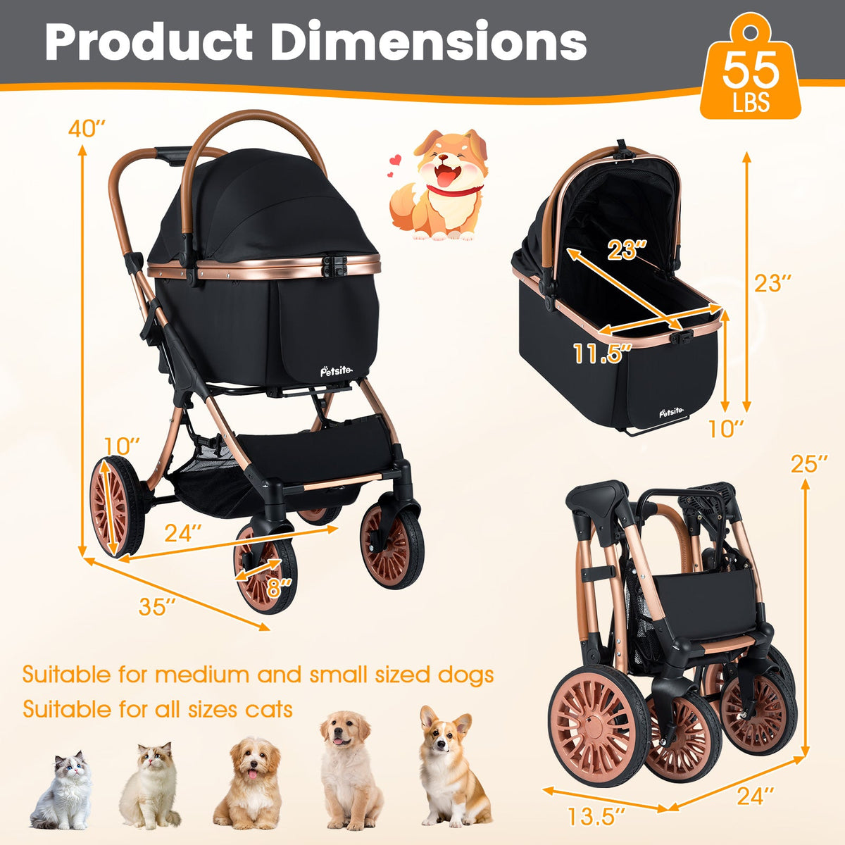3-in-1 Foldable Pet Stroller with Sun Shade up to 55 lbs Black – photo 5 of 8