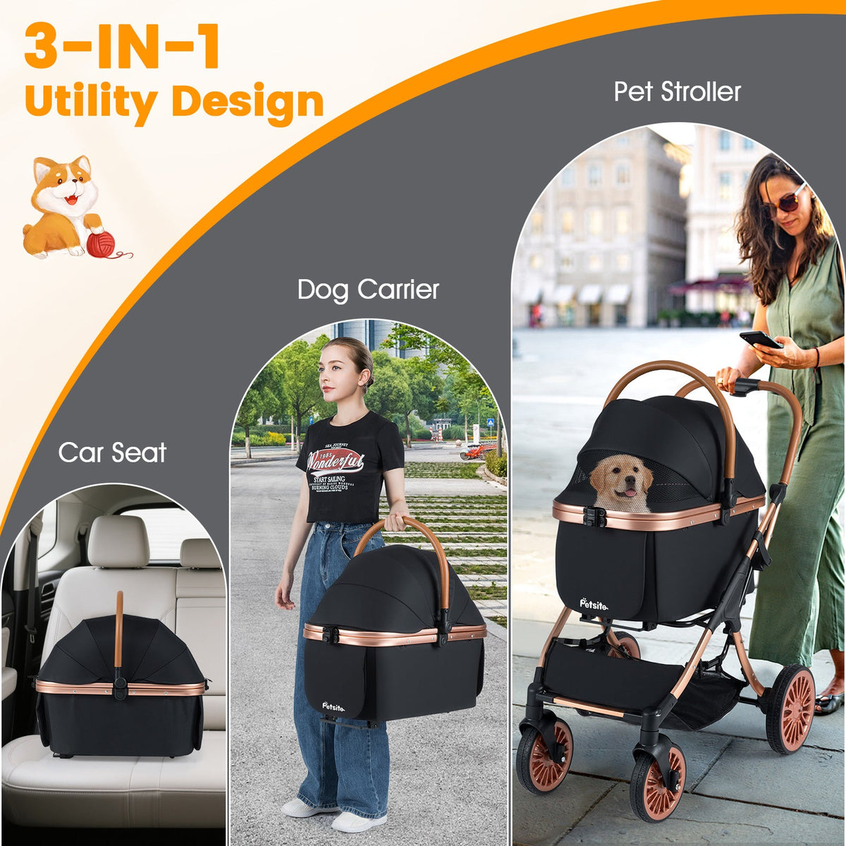 3-in-1 Foldable Pet Stroller with Sun Shade up to 55 lbs Black – photo 6 of 8