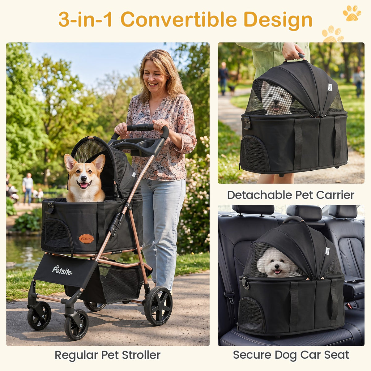 3-in-1 Foldable Pet Stroller with Detachable Carrier – photo 14 of 16