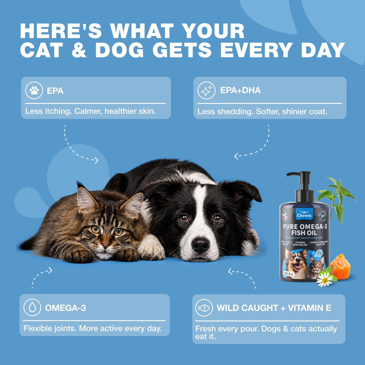 Omega 3 fish oil supplement for dogs and cats, pump dispensing oil over dog food