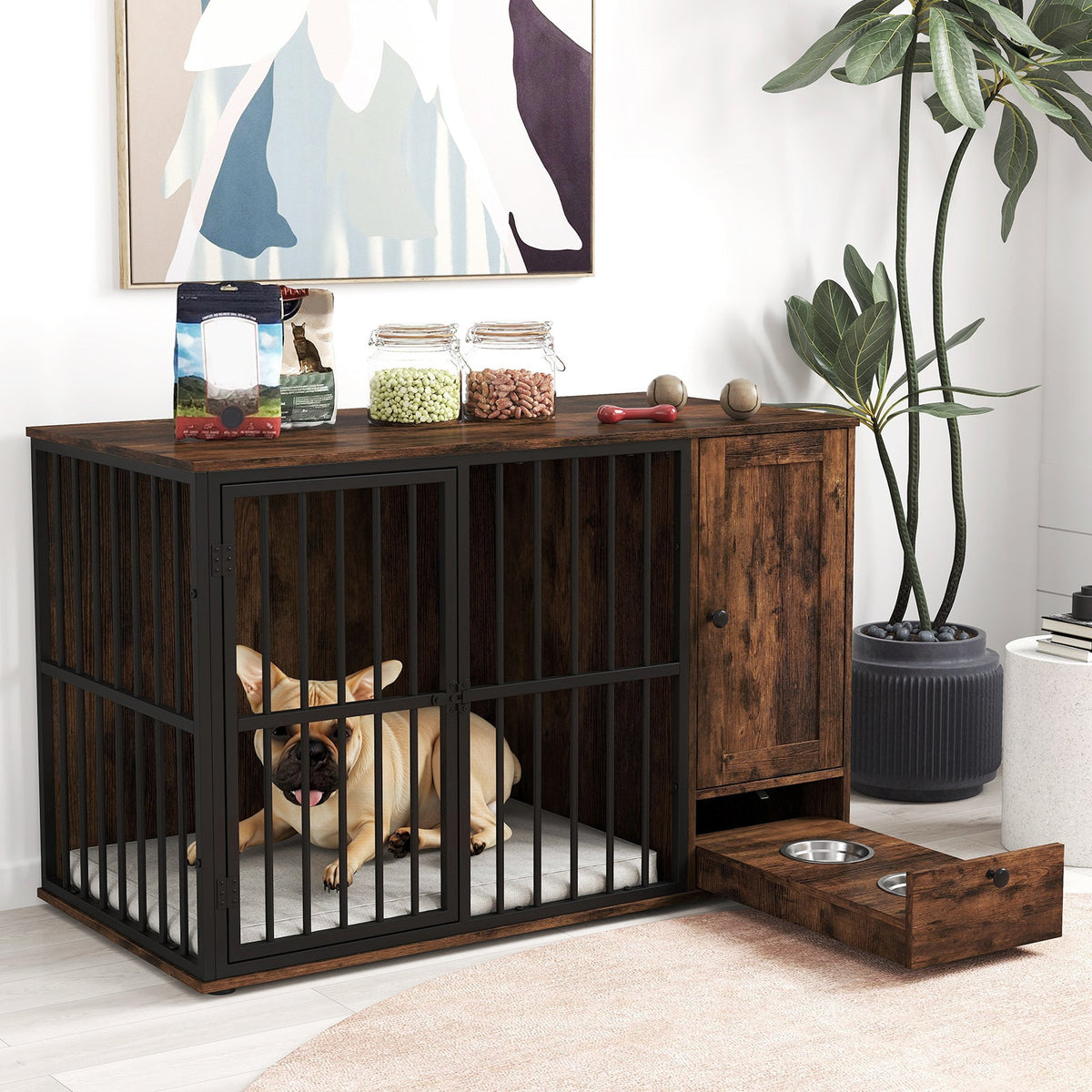 47.5 Inch Dog Crate Furniture with Hidden Bowls – Rustic Brown – front view