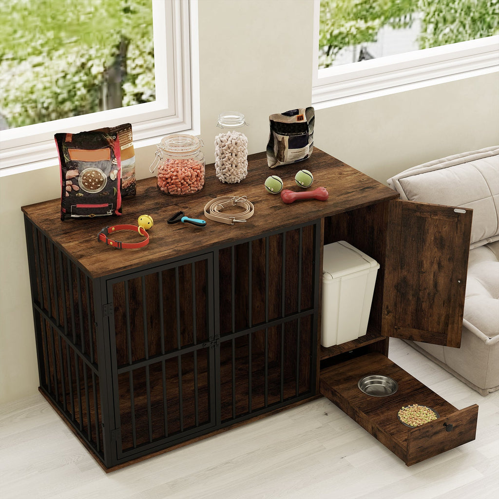 47.5 Inch Dog Crate Furniture with Hidden Bowls – Rustic Brown – alternate view 2