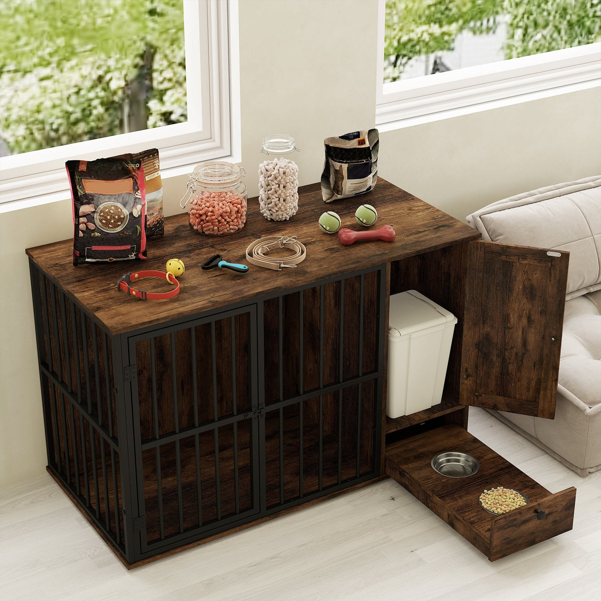 47.5 Inch Dog Crate Furniture with Hidden Bowls – Rustic Brown – alternate view 2