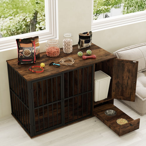 47.5 Inch Dog Crate Furniture with Hidden Bowls – Rustic Brown – alternate view 2