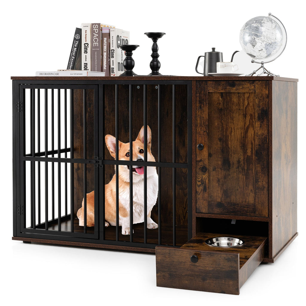 47.5 Inch Dog Crate Furniture with Hidden Bowls – Rustic Brown – alternate view 3