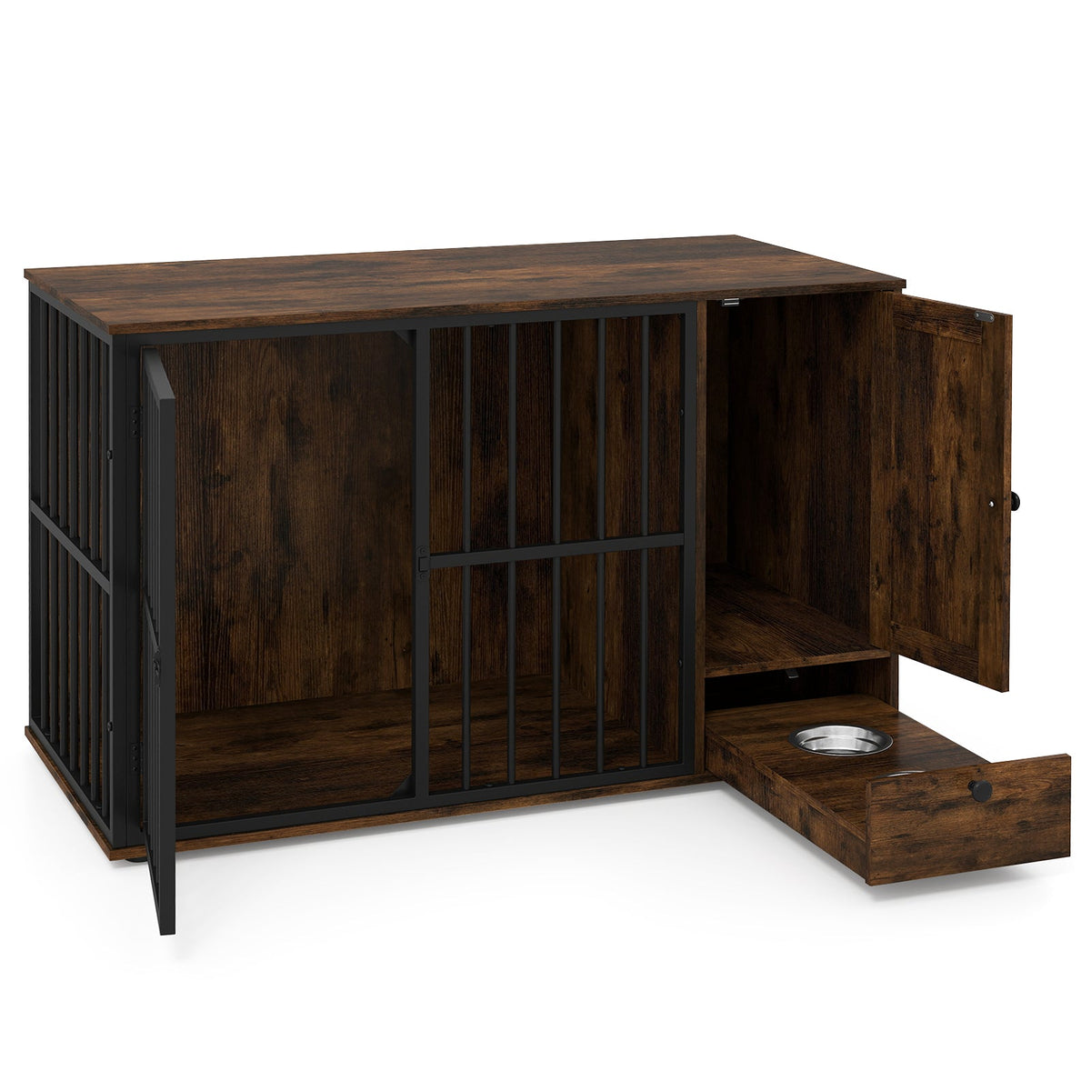 47.5 Inch Dog Crate Furniture with Hidden Bowls – Rustic Brown – alternate view 4