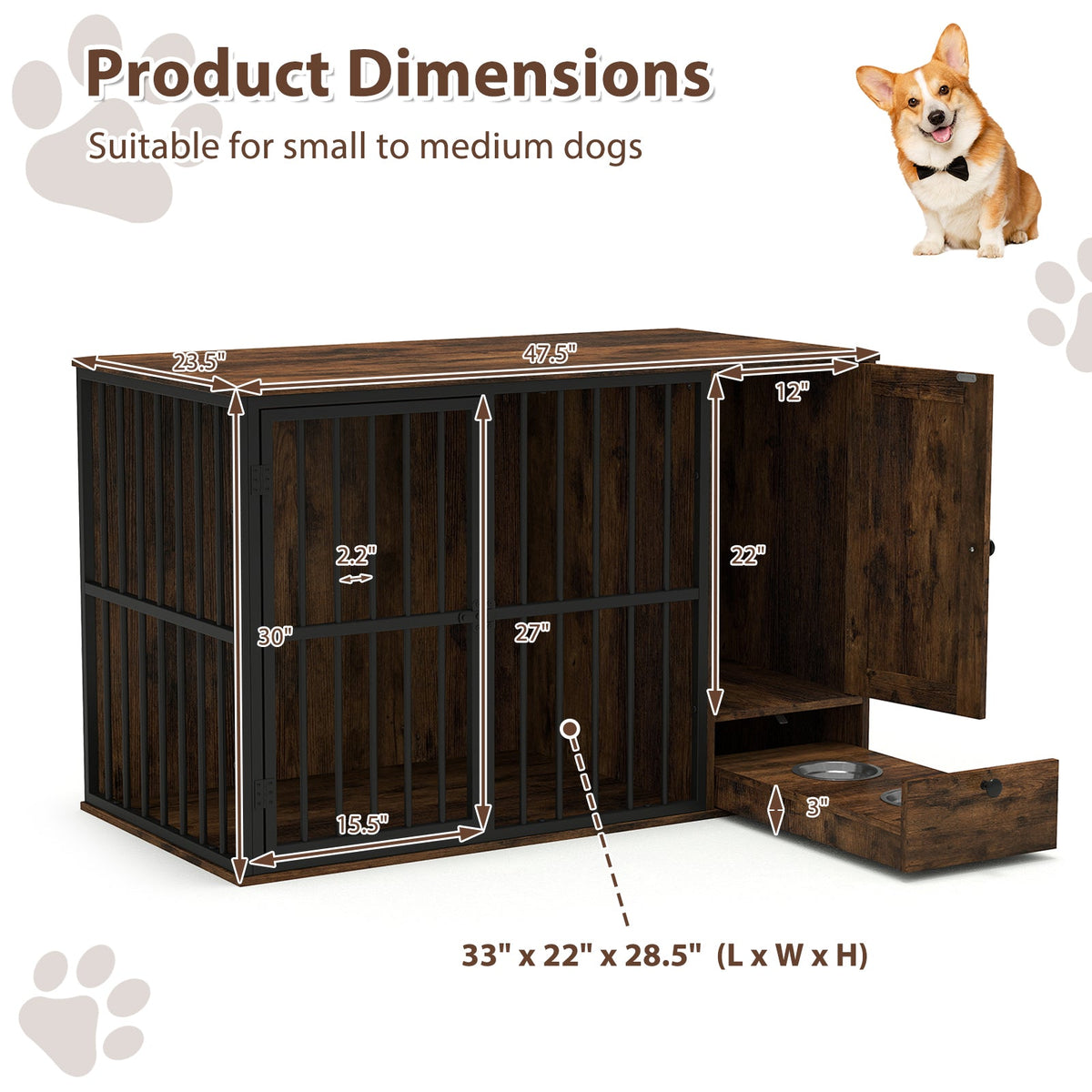 47.5 Inch Dog Crate Furniture with Hidden Bowls – Rustic Brown – alternate view 5