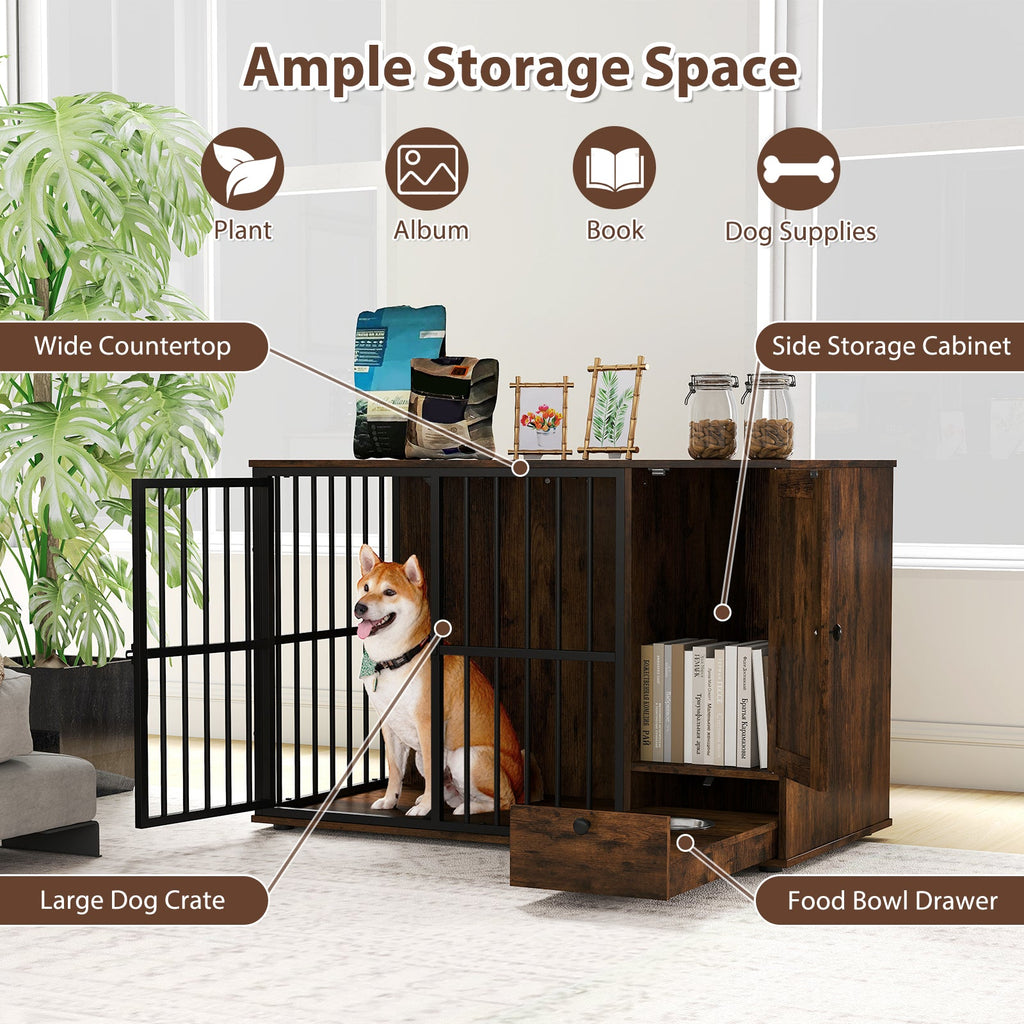 47.5 Inch Dog Crate Furniture with Hidden Bowls – Rustic Brown – alternate view 6
