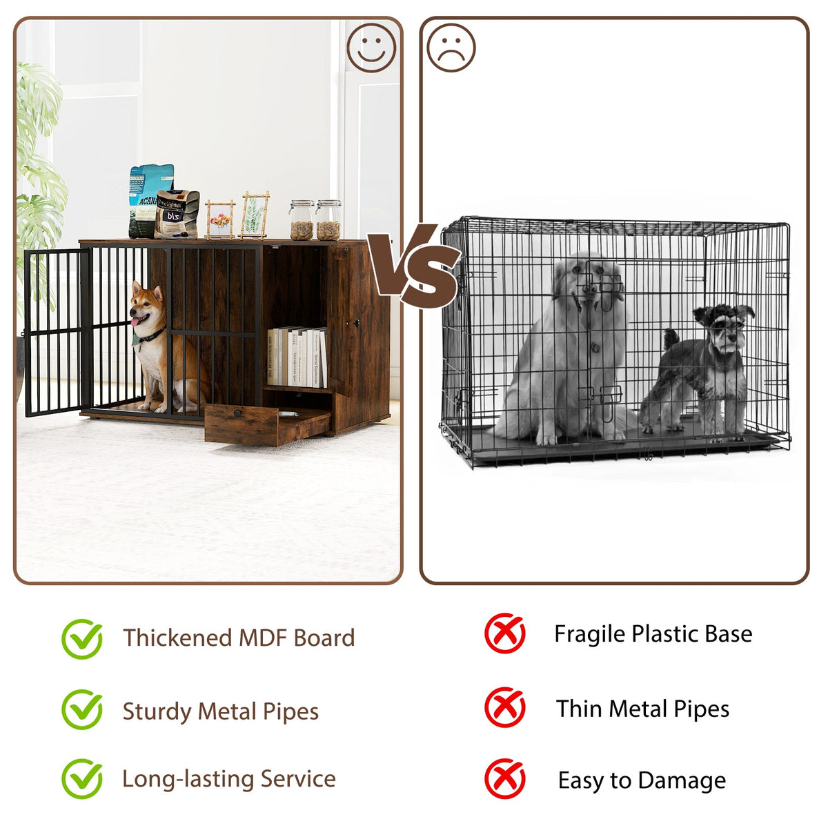 47.5 Inch Dog Crate Furniture with Hidden Bowls – Rustic Brown – alternate view 7