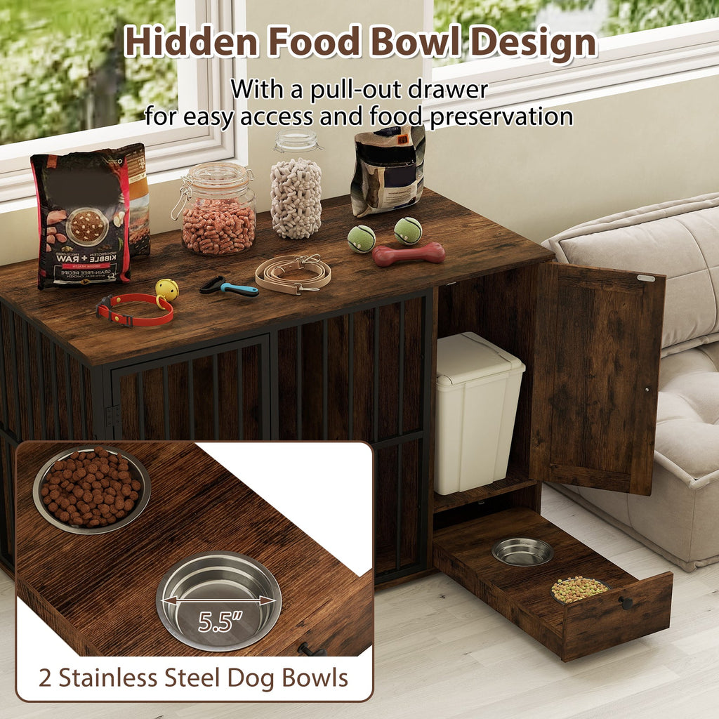 47.5 Inch Dog Crate Furniture with Hidden Bowls – Rustic Brown – alternate view 8
