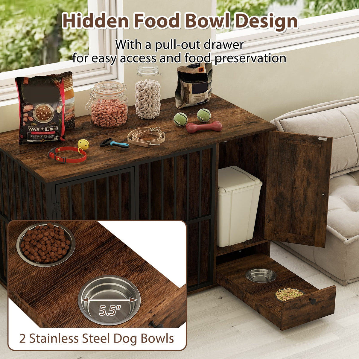 47.5 Inch Dog Crate Furniture with Hidden Bowls – Rustic Brown – alternate view 8