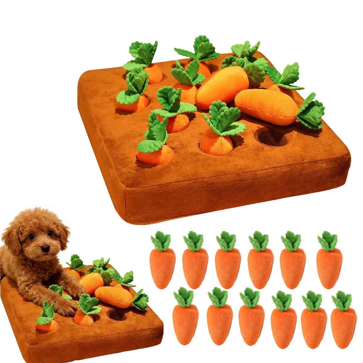 Carrot Garden Snuffle Mat Dog Toy – 12 Carrots, Plush Puzzle – front view