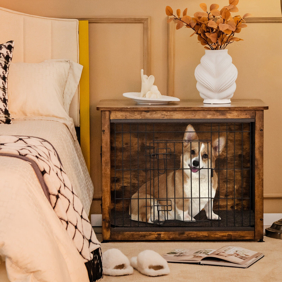 Wooden Dog Crate Furniture with Double Door and Tray Brown – photo 7 of 8