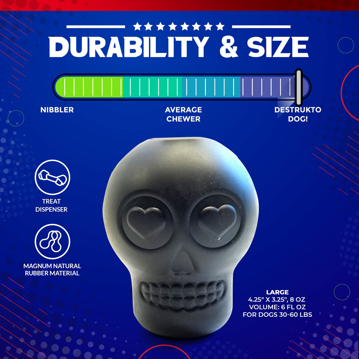 Magnum Sugar Skull Dog Chew Toy & Treat Dispenser – USA Made – alternate view 4