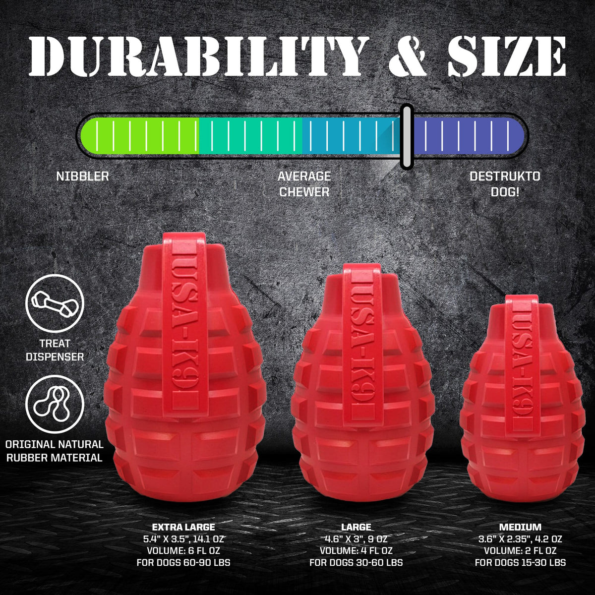 USA-K9 Grenade Rubber Dog Chew Toy – Treat Dispenser, USA Made – alternate view 6