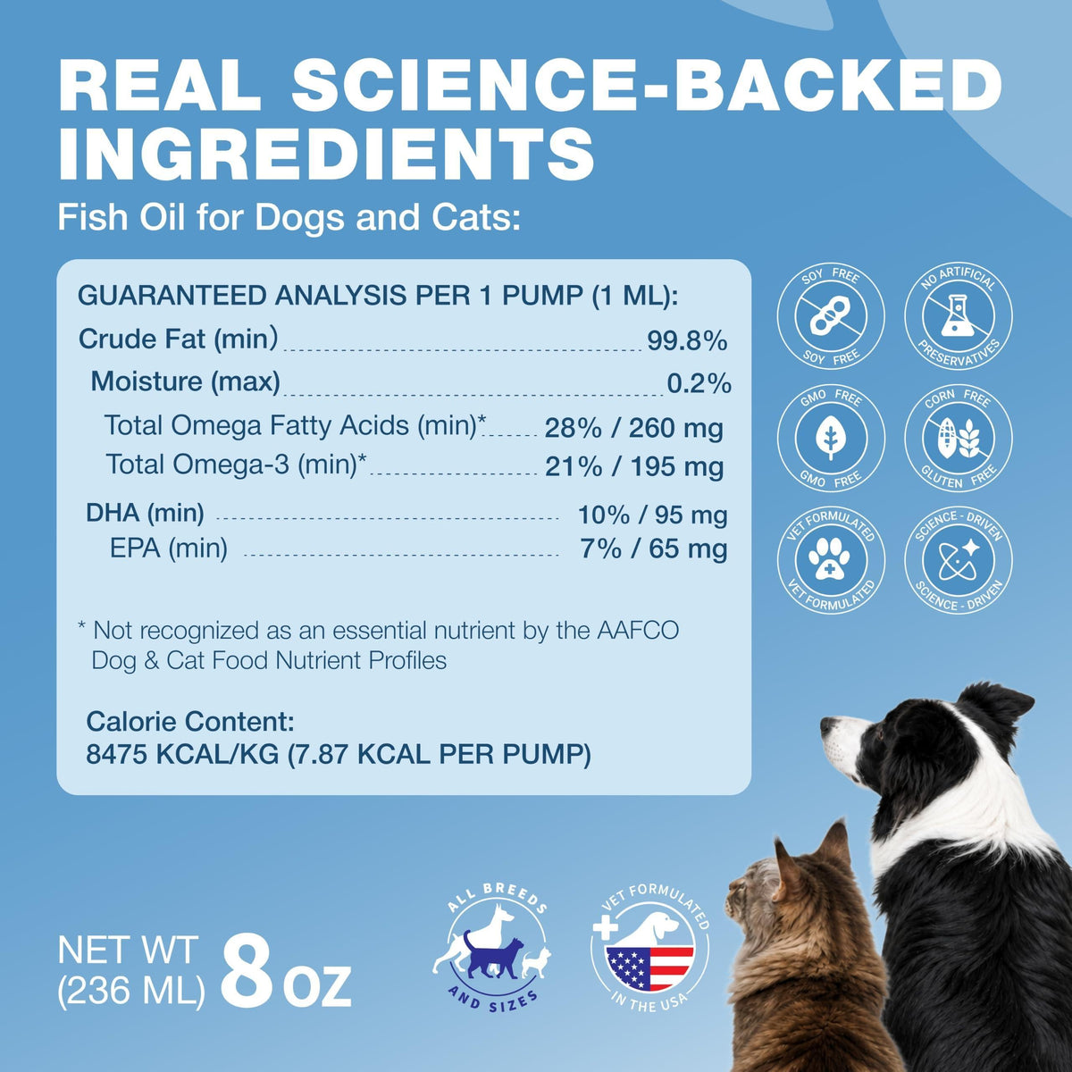 Omega 3 fish oil supplement for dogs and cats, product ingredients panel