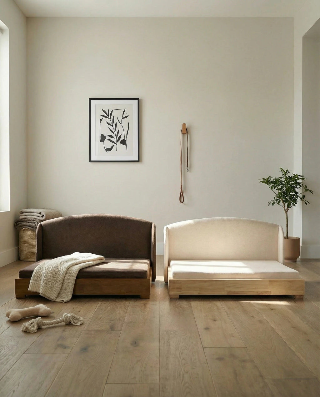 Furniture-grade hardwood dog bed with curved bolster backrest