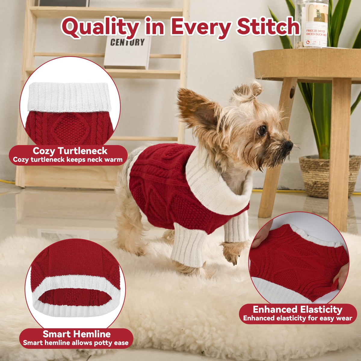 Lorehelina Argyle Cable Knit Dog Sweater Turtleneck, Red, Size S – photo 2 of 7