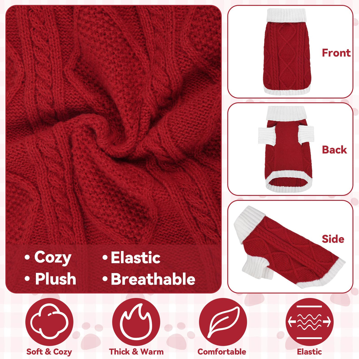 Lorehelina Argyle Cable Knit Dog Sweater Turtleneck, Red, Size S – photo 3 of 7